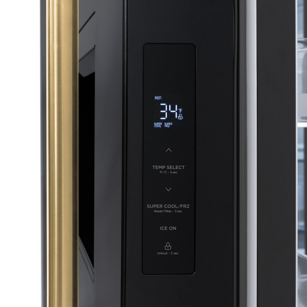 ZLINE Autograph Edition 36" Standard-Depth French Door Black Stainless Steel Refrigerator with Polished Gold accents (RSMZ-W-36-BS-G) close up, Digital LED Display and Temperature Control.