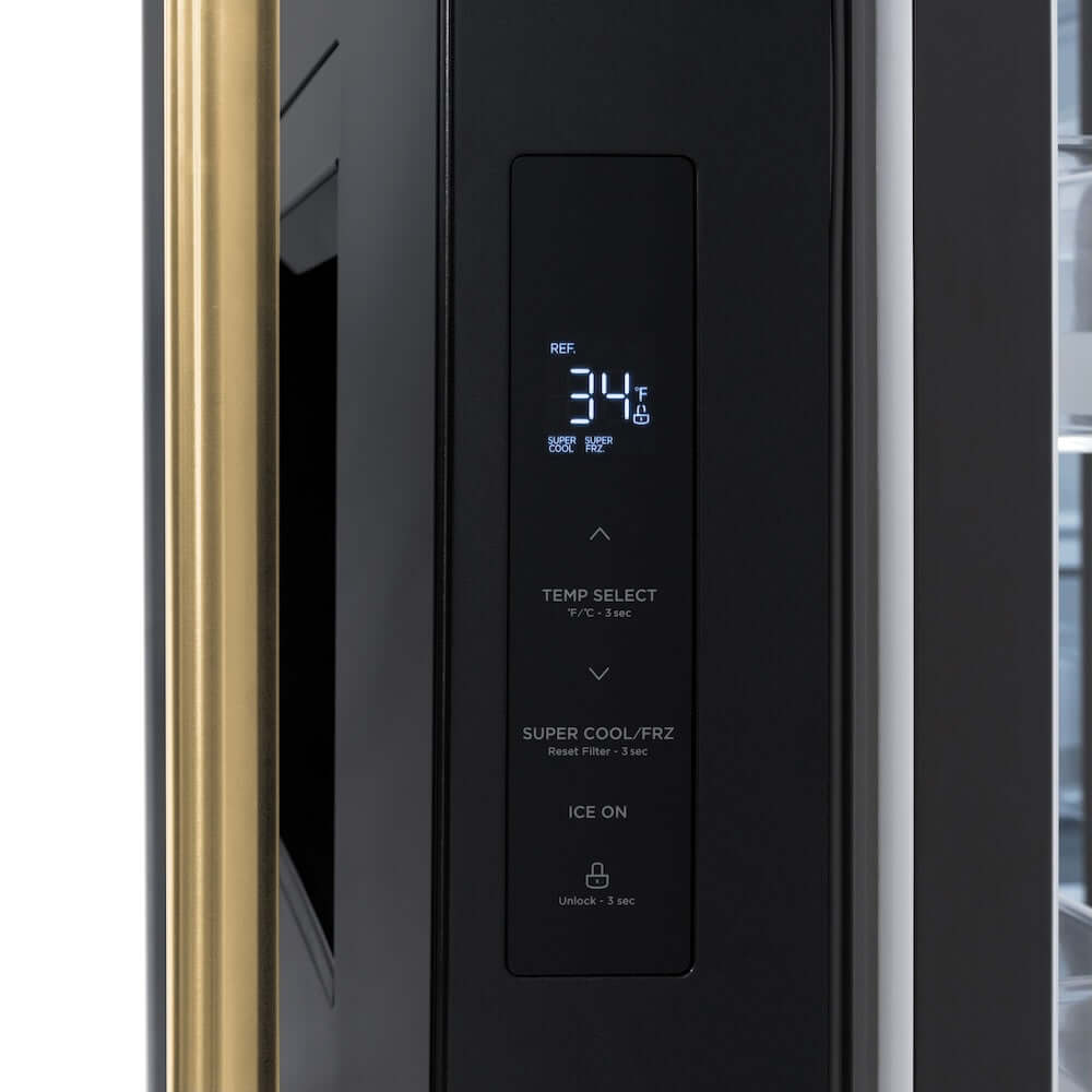 ZLINE Autograph Edition 36 in. 28.9 cu. ft. Standard-Depth French Door External Water Dispenser Refrigerator with Dual Ice Maker in Black Stainless Steel and Polished Gold Traditional Handles (RSMZ-W-36-BS-G)