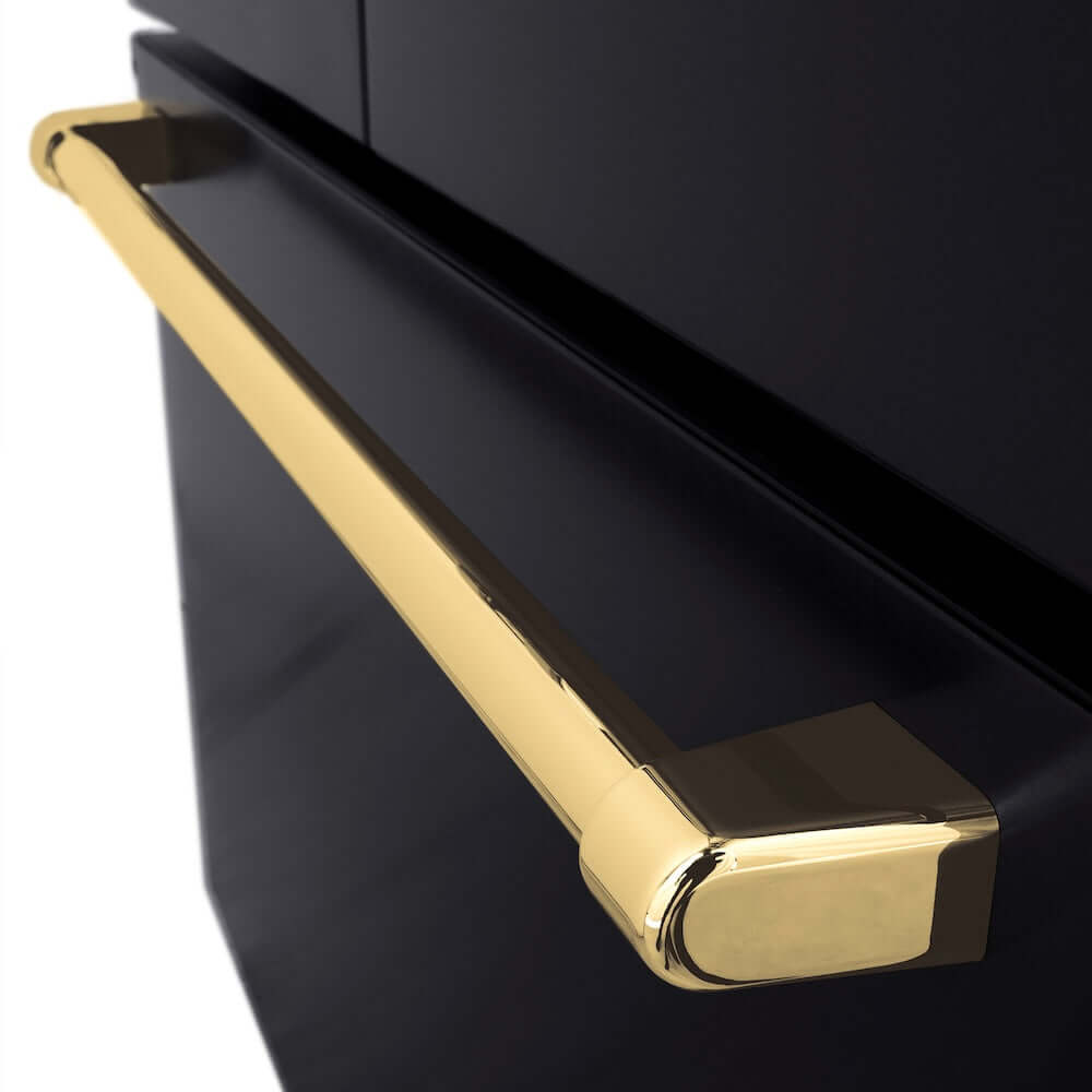 ZLINE Autograph Edition 36 in. 28.9 cu. ft. Standard-Depth French Door External Water Dispenser Refrigerator with Dual Ice Maker in Black Stainless Steel and Polished Gold Handles (RSMZ-W-36-BS-G) close-up handle on bottom freezer drawer.