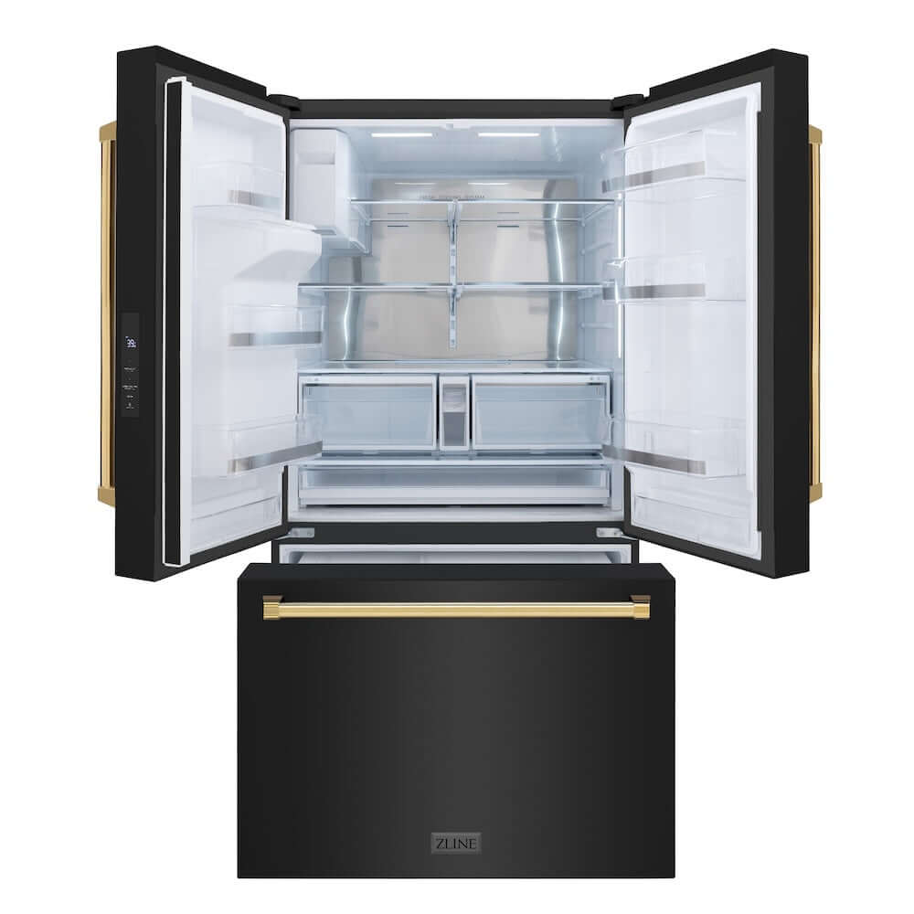 ZLINE Autograph Edition 36 in. 28.9 cu. ft. Standard-Depth French Door External Water Dispenser Refrigerator with Dual Ice Maker in Fingerprint-Resistant Black Stainless Steel and Polished Gold Traditional Handles (RSMZ-W-36-BS-G) front, bottom freezer drawer and refrigeration compartment open.