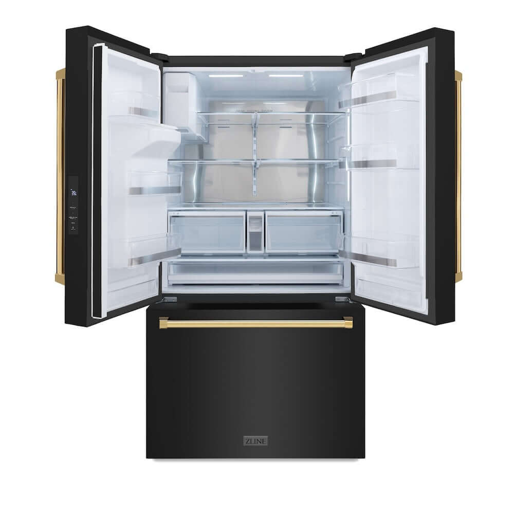 ZLINE Autograph Edition 36 in. 28.9 cu. ft. Standard-Depth French Door External Water Dispenser Refrigerator with Dual Ice Maker in Black Stainless Steel and Polished Gold Handles (RSMZ-W-36-BS-G) front, refrigeration compartment open.