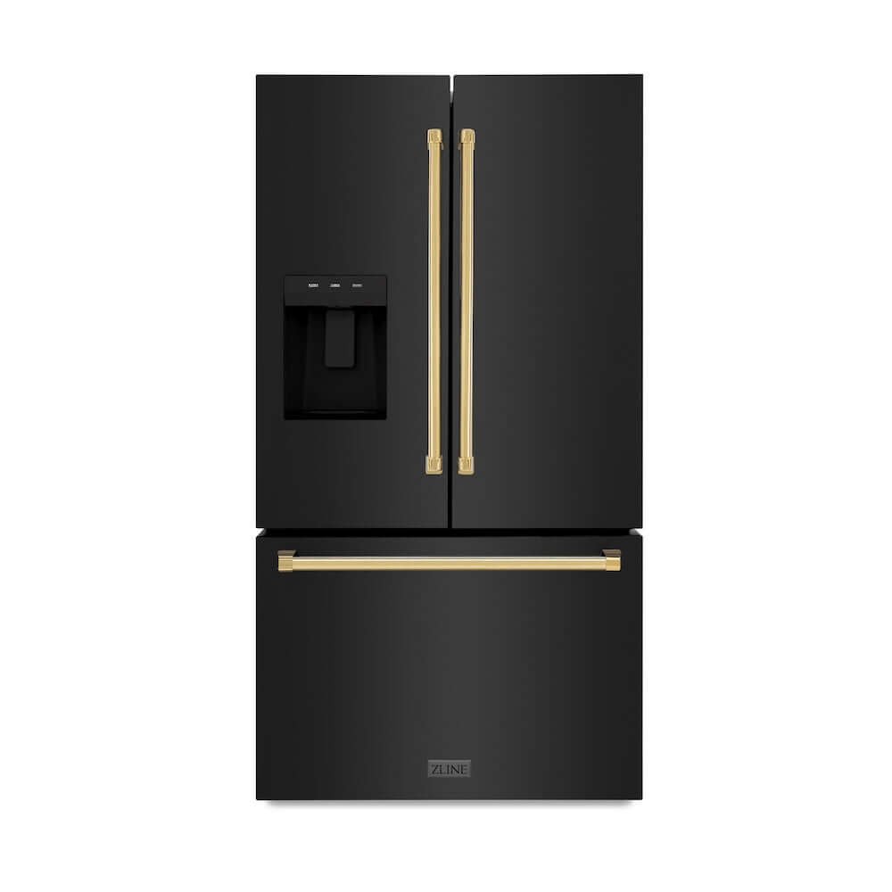 ZLINE Autograph Edition 36 in. 28.9 cu. ft. Standard-Depth French Door External Water Dispenser Refrigerator with Dual Ice Maker in Black Stainless Steel and Polished Gold Handles (RSMZ-W-36-BS-G) front, closed.