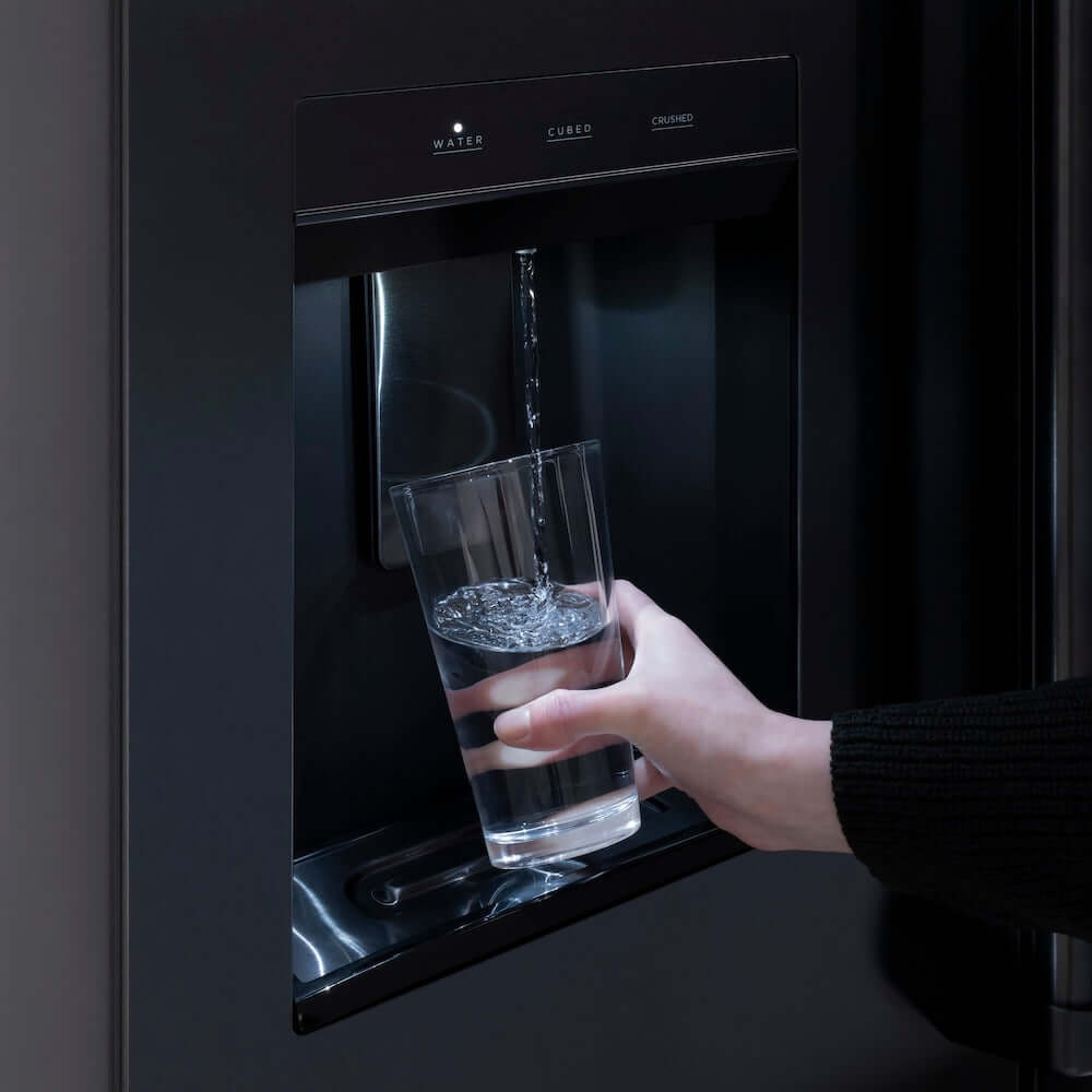 ZLINE Autograph Edition 36 in. 28.9 cu. ft. Standard-Depth French Door External Water Dispenser Refrigerator with Dual Ice Maker in Fingerprint-Resistant Black Stainless Steel and Polished Gold Traditional Handles (RSMZ-W-36-BS-G) using external water dispenser.