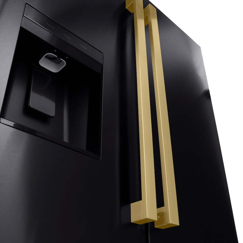 ZLINE Autograph Edition 36 in. 28.9 cu. ft. Standard-Depth French Door External Water Dispenser Refrigerator with Dual Ice Maker in Fingerprint-Resistant Black Stainless Steel and Champagne Bronze Modern Handles (RSMZ-W36-BS-FCB)