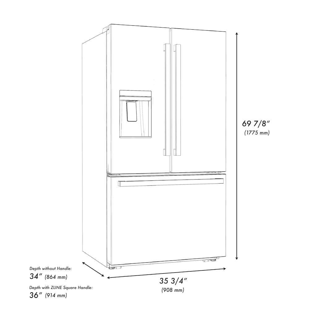 ZLINE Autograph Edition 36 in. 28.9 cu. ft. Standard-Depth French Door External Water Dispenser Refrigerator with Dual Ice Maker in Black Stainless Steel and Champagne Bronze Modern Handles (RSMZ-W36-BS-FCB) dimensional diagram.