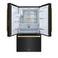 ZLINE Autograph Edition 36 in. 28.9 cu. ft. Standard-Depth French Door External Water Dispenser Refrigerator with Dual Ice Maker in Black Stainless Steel and Champagne Bronze Modern Handles (RSMZ-W36-BS-FCB) front, open, empty.