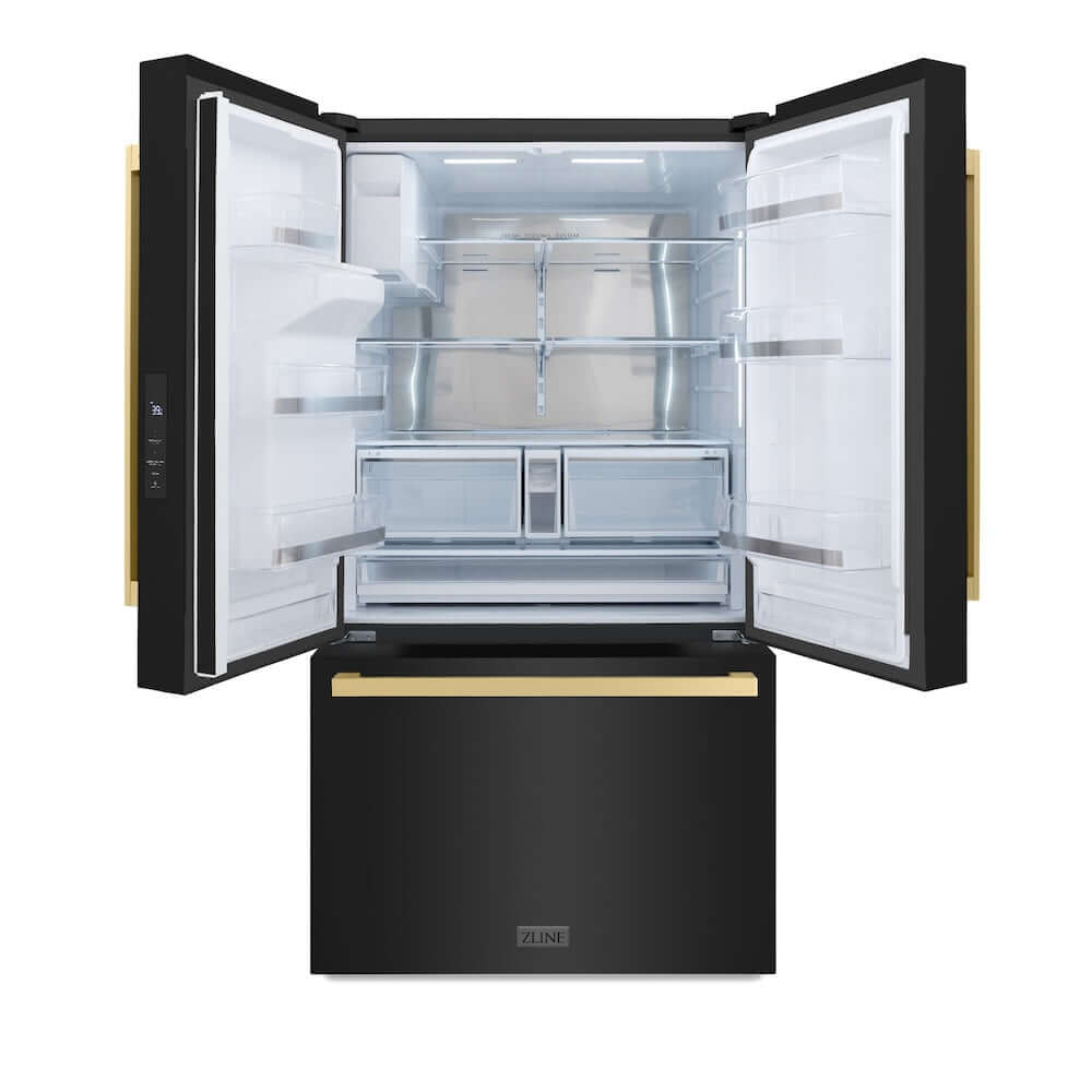 ZLINE Autograph Edition 36 in. 28.9 cu. ft. Standard-Depth French Door External Water Dispenser Refrigerator with Dual Ice Maker in Black Stainless Steel and Champagne Bronze Modern Handles (RSMZ-W36-BS-FCB) front, open, empty.