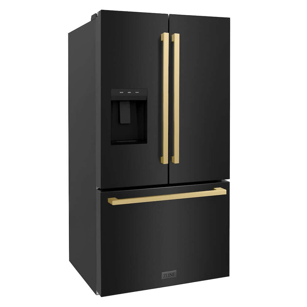 ZLINE Autograph Edition 36 in. 28.9 cu. ft. Standard-Depth French Door External Water Dispenser Refrigerator with Dual Ice Maker in Black Stainless Steel and Champagne Bronze Modern Handles (RSMZ-W36-BS-FCB)