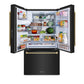 ZLINE Autograph Edition 36 in. 28.9 cu. ft. Standard-Depth French Door External Water Dispenser Refrigerator with Dual Ice Maker in Fingerprint-Resistant Black Stainless Steel and Champagne Bronze Helix Handles (RSMZ-W36-BS-KCB) front, open with various food and drink items on shelves and in door bins.