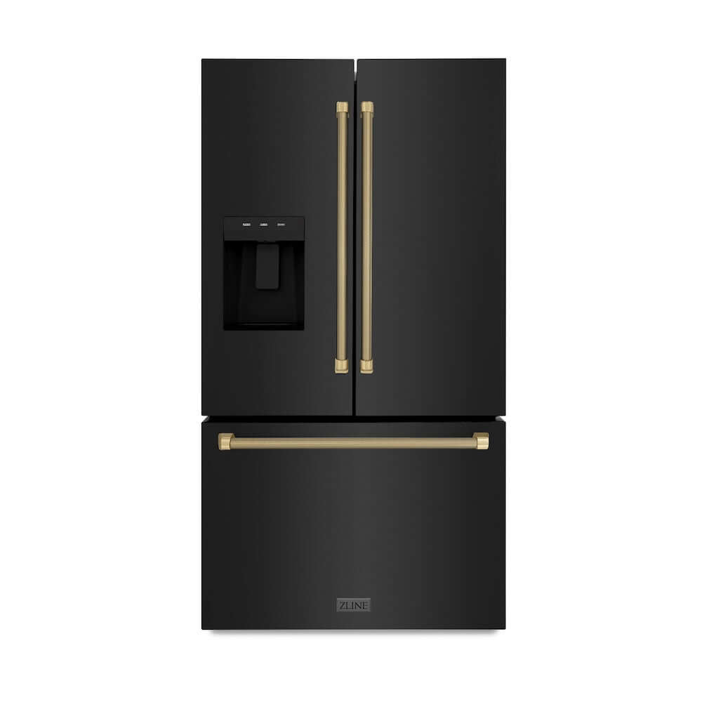 ZLINE Autograph Edition 36 in. 28.9 cu. ft. Standard-Depth French Door External Water Dispenser Refrigerator with Dual Ice Maker in Fingerprint-Resistant Black Stainless Steel and Champagne Bronze Helix Handles (RSMZ-W36-BS-KCB) main image.
