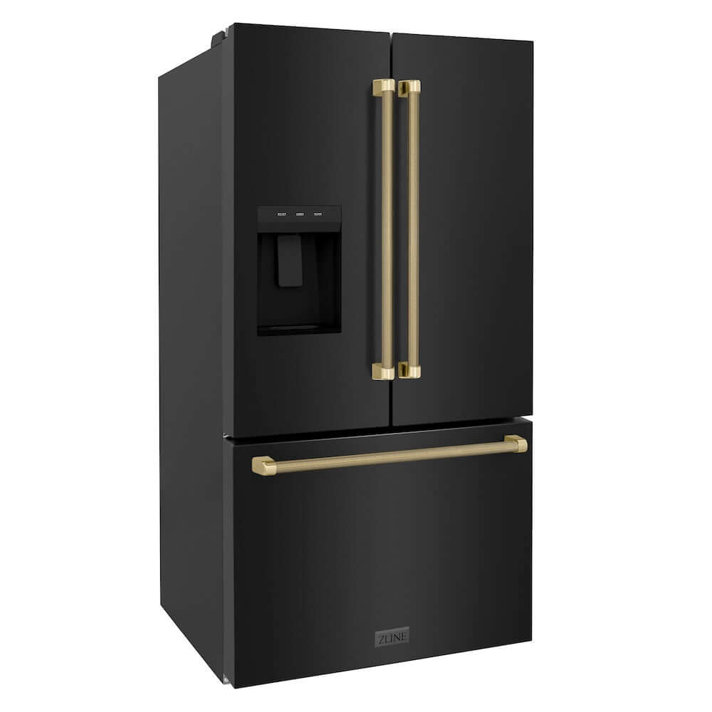 ZLINE Autograph Edition 36 in. 28.9 cu. ft. Standard-Depth French Door External Water Dispenser Refrigerator with Dual Ice Maker in Fingerprint-Resistant Black Stainless Steel and Champagne Bronze Helix Handles (RSMZ-W36-BS-KCB) side.