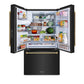 ZLINE Autograph Edition 36 in. 28.9 cu. ft. Standard-Depth French Door External Water Dispenser Refrigerator with Dual Ice Maker in Fingerprint-Resistant Black Stainless Steel and Polished Gold Helix Handles (RSMZ-W-36-BS-KG) front, open with various food and drink items on shelves and in door bins.