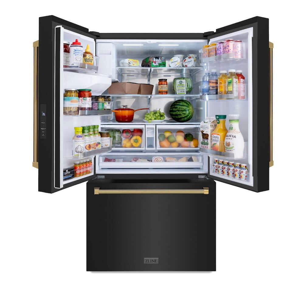 ZLINE Autograph Edition 36 in. 28.9 cu. ft. Standard-Depth French Door External Water Dispenser Refrigerator with Dual Ice Maker in Fingerprint-Resistant Black Stainless Steel and Polished Gold Helix Handles (RSMZ-W-36-BS-KG) front, open with various food and drink items on shelves and in door bins.