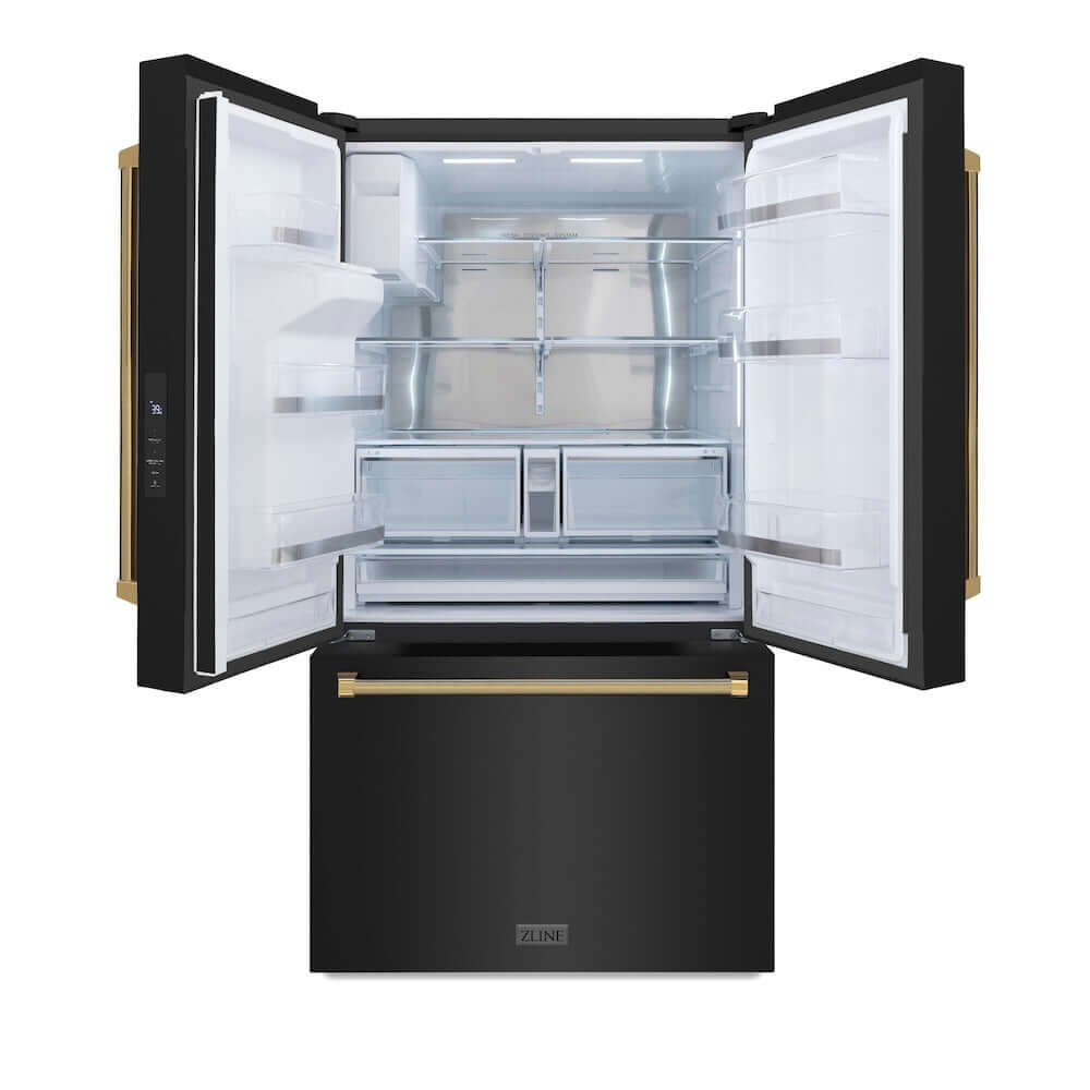 ZLINE Autograph Edition 36 in. 28.9 cu. ft. Standard-Depth French Door External Water Dispenser Refrigerator with Dual Ice Maker in Fingerprint-Resistant Black Stainless Steel and Polished Gold Helix Handles (RSMZ-W-36-BS-KG) front, open.