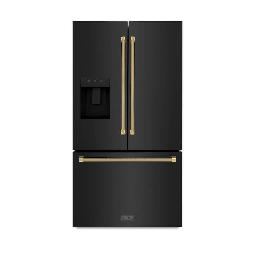 ZLINE Autograph Edition 36 in. 28.9 cu. ft. Standard-Depth French Door External Water Dispenser Refrigerator with Dual Ice Maker in Fingerprint-Resistant Black Stainless Steel and Polished Gold Helix Handles (RSMZ-W-36-BS-KG) main image.