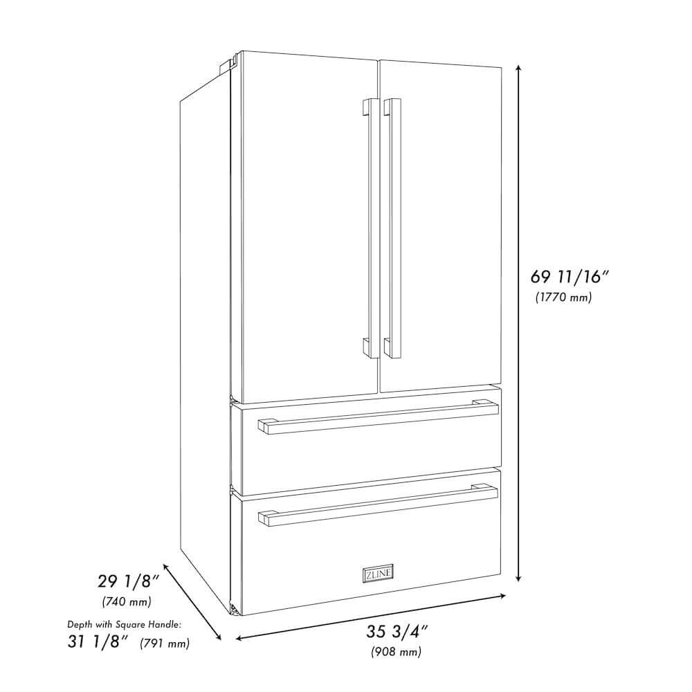 ZLINE Autograph Edition 36 in. 22.5 cu. ft 4-Door French Door Refrigerator with Ice Maker in Stainless Steel with Polished Gold Modern Handles (RFMZ-36-FG) dimensional diagram.