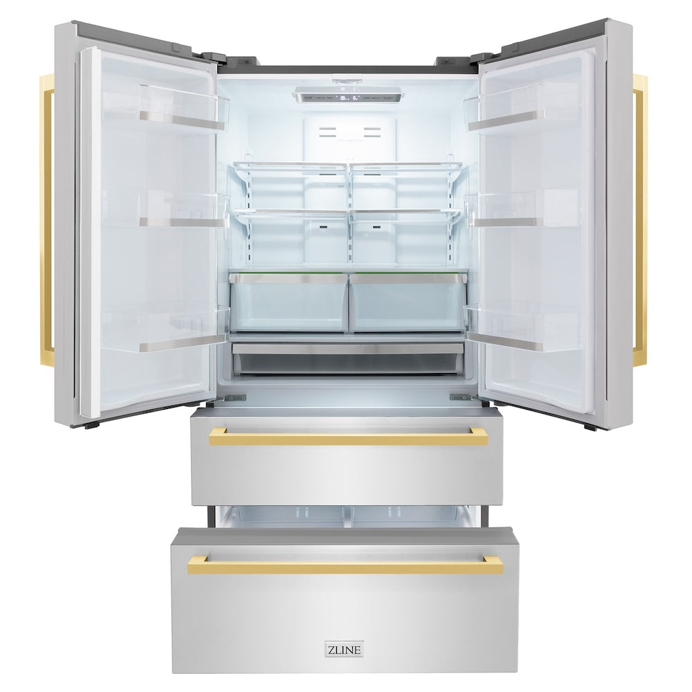 ZLINE Autograph Edition 36 in. French Door Refrigerator with Polished Gold Square Handles (RFMZ-36-FG) front, doors and bottom freezer drawers open.