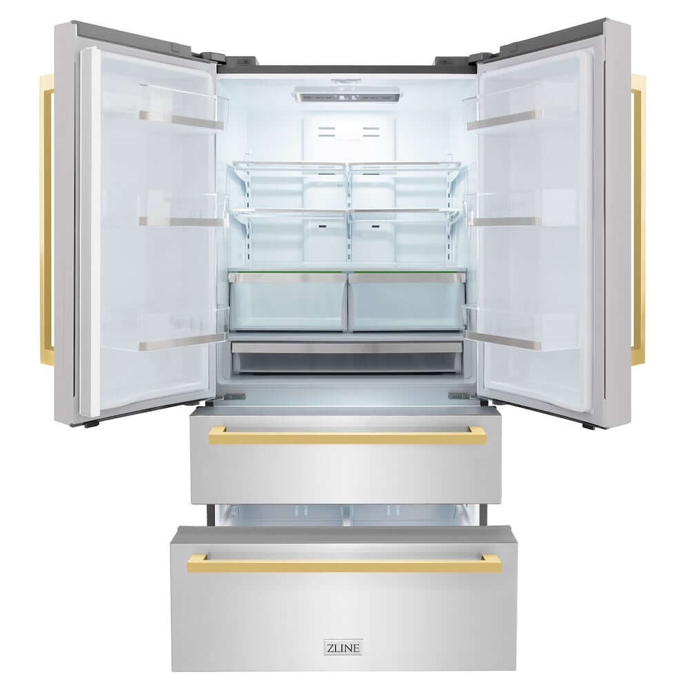 ZLINE Autograph Edition 36 in. 22.5 cu. ft 4-Door French Door Refrigerator with Ice Maker in Stainless Steel with Polished Gold Modern Handles (RFMZ-36-FG) front, refrigeration compartment and bottom freezer open.