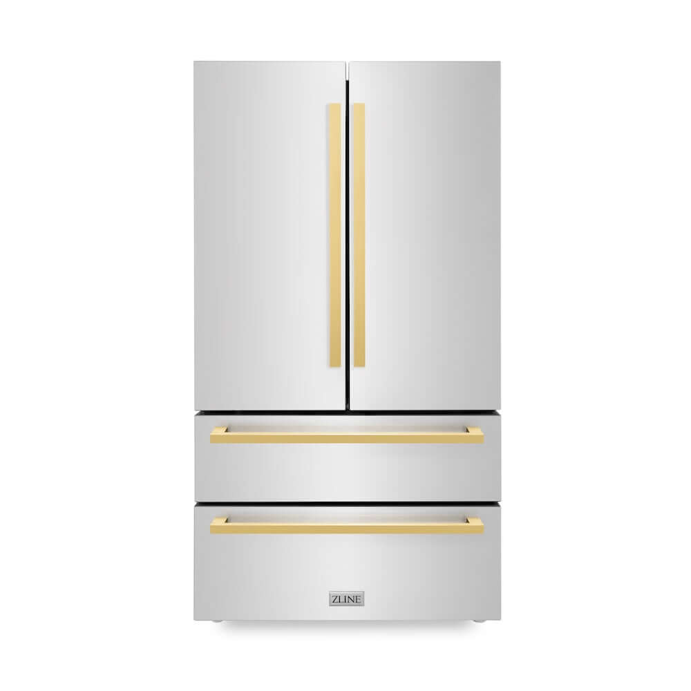 ZLINE Autograph Edition 36 in. 22.5 cu. ft 4-Door French Door Refrigerator with Ice Maker in Stainless Steel with Polished Gold Modern Handles (RFMZ-36-FG)