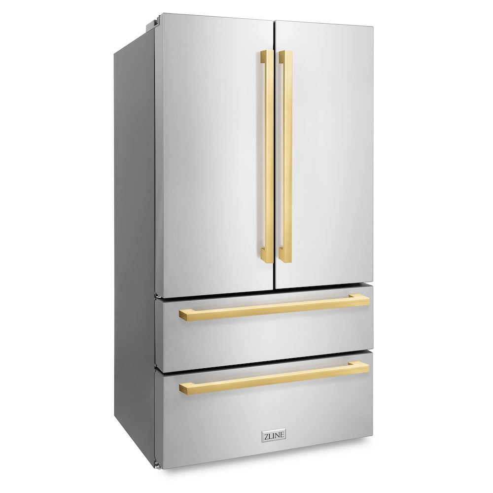 ZLINE Autograph Edition 36 in. French Door Refrigerator with Polished Gold Square Handles (RFMZ-36-FG) side, doors closed.