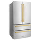 ZLINE Autograph Edition 36 in. 22.5 cu. ft 4-Door French Door Refrigerator with Ice Maker in Stainless Steel with Polished Gold Modern Handles (RFMZ-36-FG) side, closed.