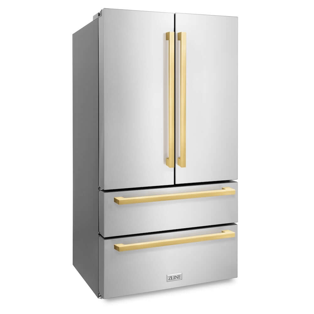 ZLINE Autograph Edition 36 in. 22.5 cu. ft 4-Door French Door Refrigerator with Ice Maker in Stainless Steel with Polished Gold Modern Handles (RFMZ-36-FG) side, closed.