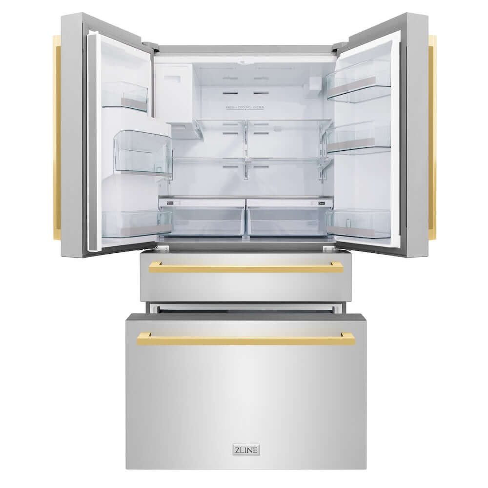 ZLINE Autograph Edition 36 in. 21.6 cu. ft 4-Door French Door Refrigerator with Water and Ice Dispenser in Stainless Steel with Polished Gold Modern Handles (RFMZ-W-36-FG) front, refrigeration compartment and bottom freezer open.