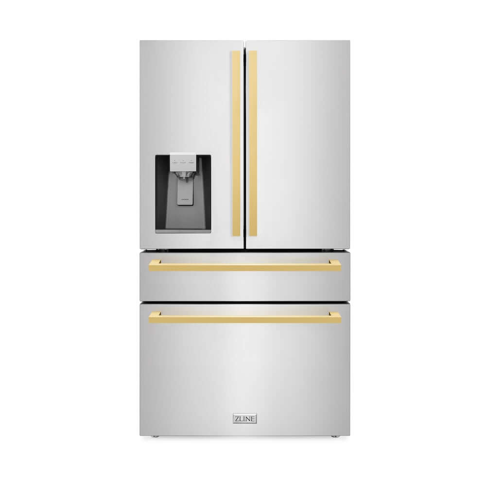 ZLINE Autograph Edition 36 in. 21.6 cu. ft. Counter-Depth French Door Refrigerator with Water and Ice Dispenser in Fingerprint-Resistant Stainless Steel with Polished Gold Modern Handles (RFMZ-W-36-FG) main image.