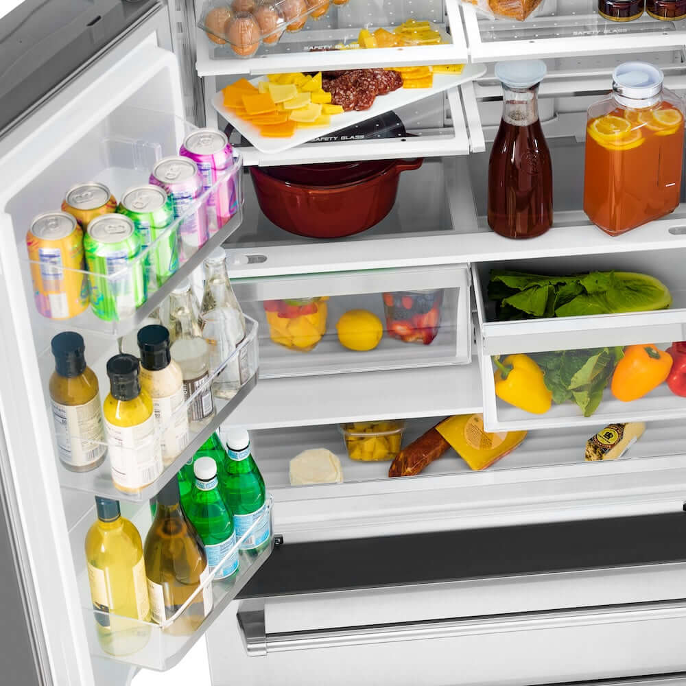 ZLINE Autograph Edition 36 in. 21.6 cu. ft 4-Door French Door Refrigerator with Water and Ice Dispenser in Stainless Steel with Polished Gold Modern Handles (RFMZ-W-36-FG) close-up above, food and drinks inside refrigeration compartment.