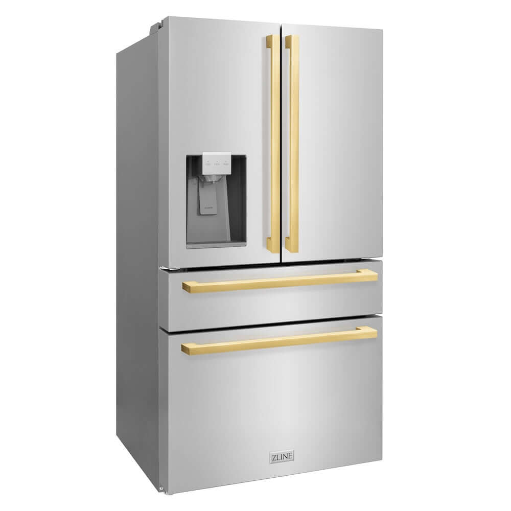 ZLINE Autograph Edition 36 in. 21.6 cu. ft 4-Door French Door Refrigerator with Water and Ice Dispenser in Stainless Steel with Polished Gold Modern Handles (RFMZ-W-36-FG) side, closed.
