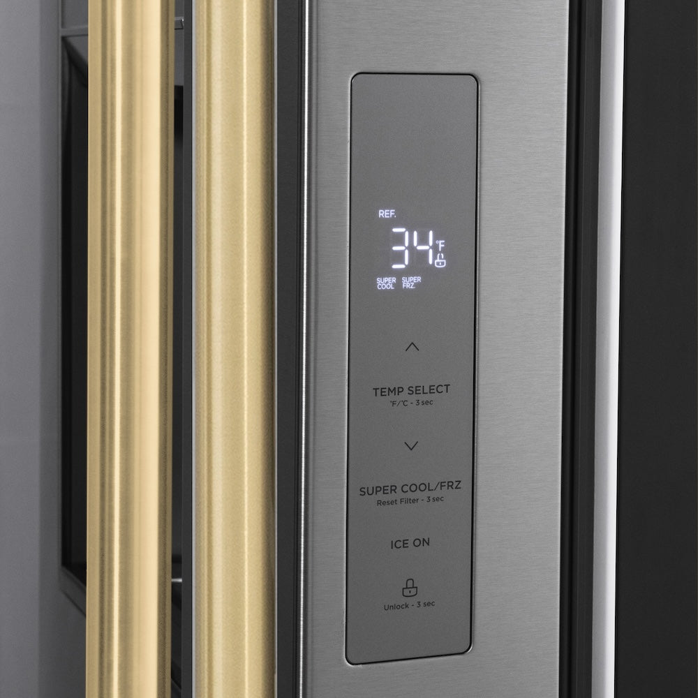 ZLINE Autograph Edition 36" Standard-Depth French Door Stainless Steel Refrigerator with Champagne Bronze Accents (RSMZ-W-36-CB) Close Up, Digital LED Display