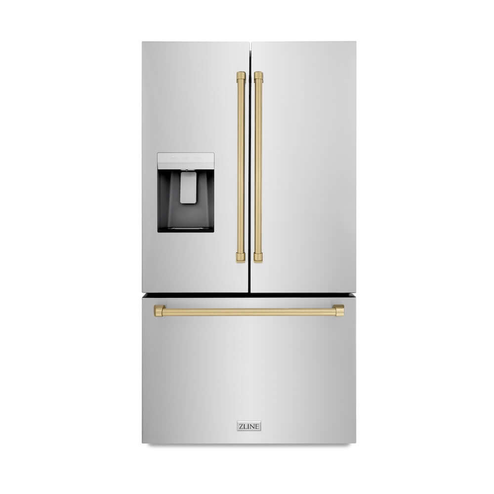 ZLINE Autograph Edition 36 in. 28.9 cu. ft. Standard-Depth French Door External Water Dispenser Refrigerator with Dual Ice Maker in Fingerprint Resistant Stainless Steel and Champagne Bronze Handles (RSMZ-W-36-CB) front, closed.