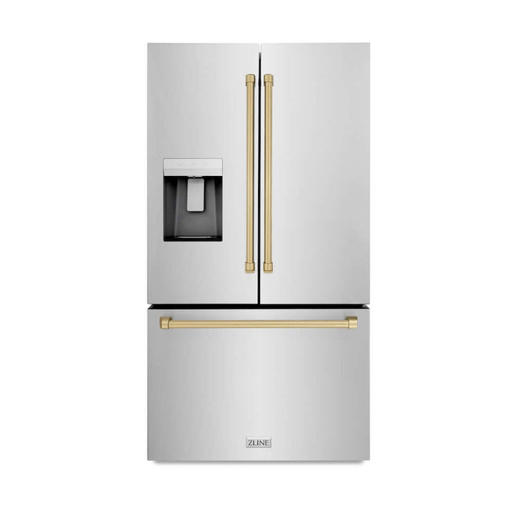 ZLINE Autograph Edition 36 in. 28.9 cu. ft. Standard-Depth French Door External Water Dispenser Refrigerator with Dual Ice Maker in Fingerprint-Resistant Stainless Steel and Champagne Bronze Traditional Handles (RSMZ-W-36-CB)