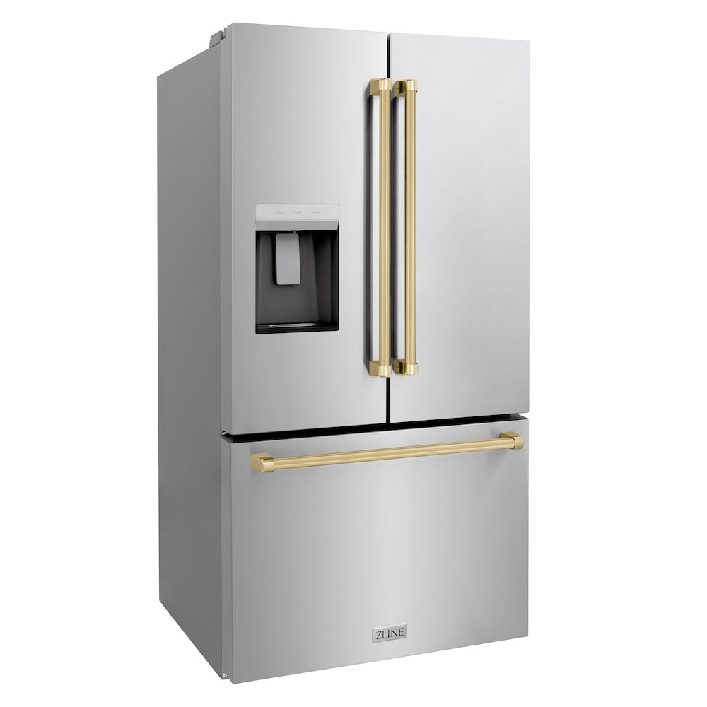 ZLINE Autograph Edition 36 in. 28.9 cu. ft. Standard-Depth French Door External Water Dispenser Refrigerator with Dual Ice Maker in Fingerprint Resistant Stainless Steel and Champagne Bronze Handles (RSMZ-W-36-CB) side, closed.