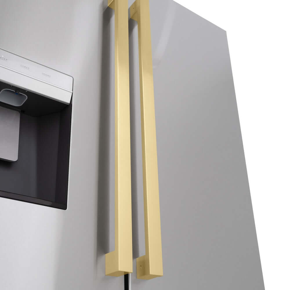 ZLINE Autograph Edition 36 in. 28.9 cu. ft. Standard-Depth French Door External Water Dispenser Refrigerator with Dual Ice Maker in Fingerprint-Resistant Stainless Steel and Champagne Bronze Modern Handles (RSMZ-W-36-FCB)