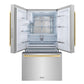 ZLINE Autograph Edition 36 in. 28.9 cu. ft. Standard-Depth French Door External Water Dispenser Refrigerator with Dual Ice Maker in Fingerprint-Resistant Stainless Steel and Champagne Bronze Modern Handles (RSMZ-W-36-FCB) front, bottom freezer drawer and refrigeration compartment open.
