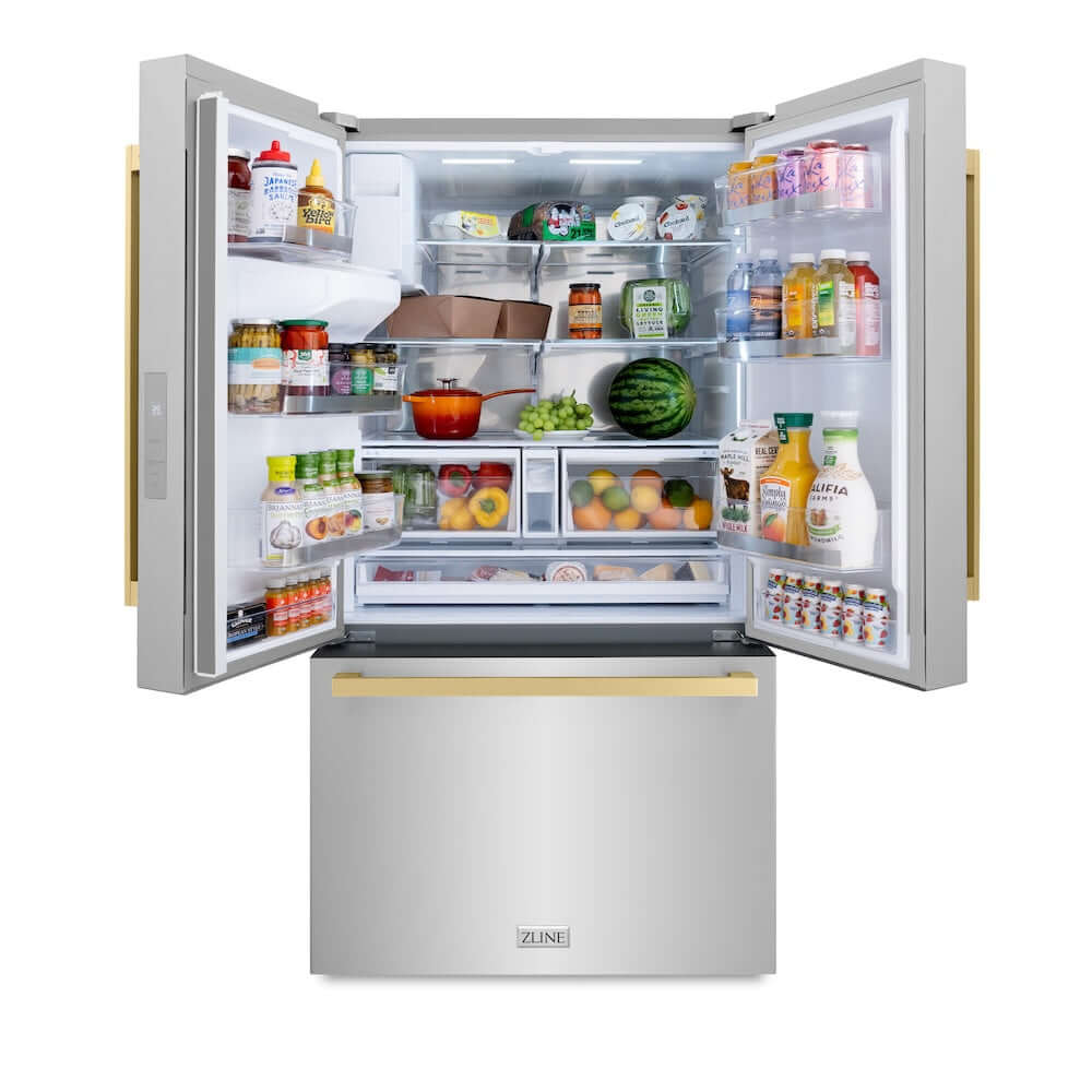 ZLINE Autograph Edition 36 in. 28.9 cu. ft. Standard-Depth French Door External Water Dispenser Refrigerator with Dual Ice Maker in Fingerprint-Resistant Stainless Steel and Champagne Bronze Modern Handles (RSMZ-W-36-FCB)