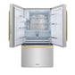 ZLINE Autograph Edition 36 in. 28.9 cu. ft. Standard-Depth French Door External Water Dispenser Refrigerator with Dual Ice Maker in Fingerprint Resistant Stainless Steel and Champagne Bronze Modern Handles (RSMZ-W-36-FCB) front, open, empty.