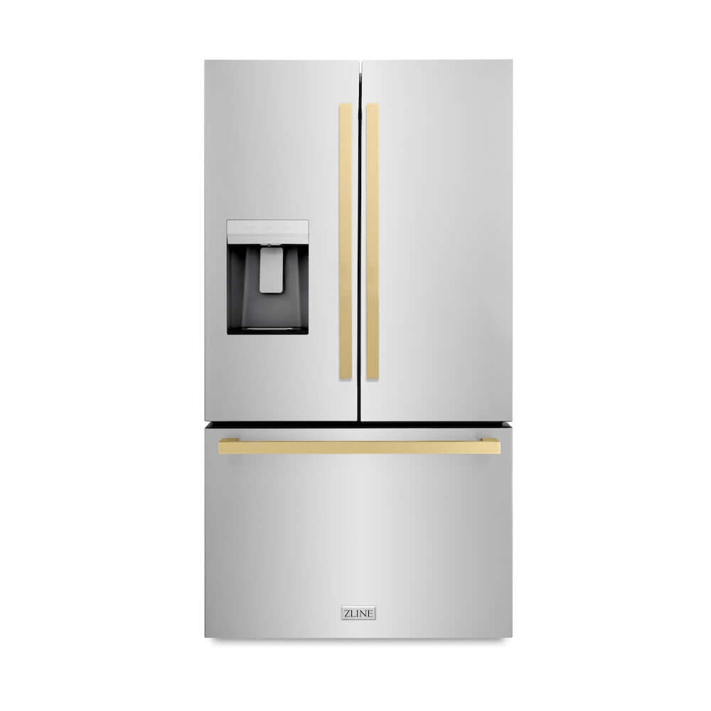 ZLINE Autograph Edition 36 in. 28.9 cu. ft. Standard-Depth French Door External Water Dispenser Refrigerator with Dual Ice Maker in Fingerprint-Resistant Stainless Steel and Champagne Bronze Modern Handles (RSMZ-W-36-FCB) main image.