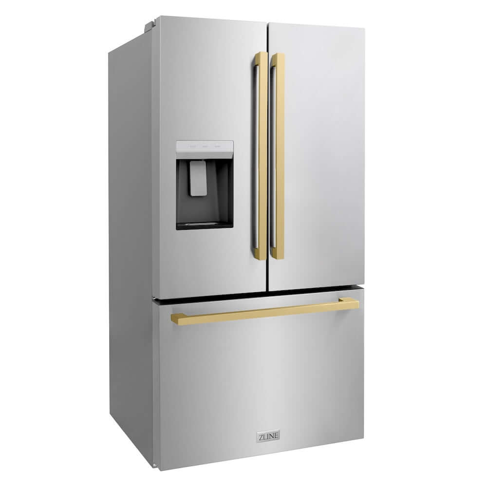 ZLINE Autograph Edition 36 in. 28.9 cu. ft. Standard-Depth French Door External Water Dispenser Refrigerator with Dual Ice Maker in Fingerprint Resistant Stainless Steel and Champagne Bronze Modern Handles (RSMZ-W-36-FCB) side, closed.