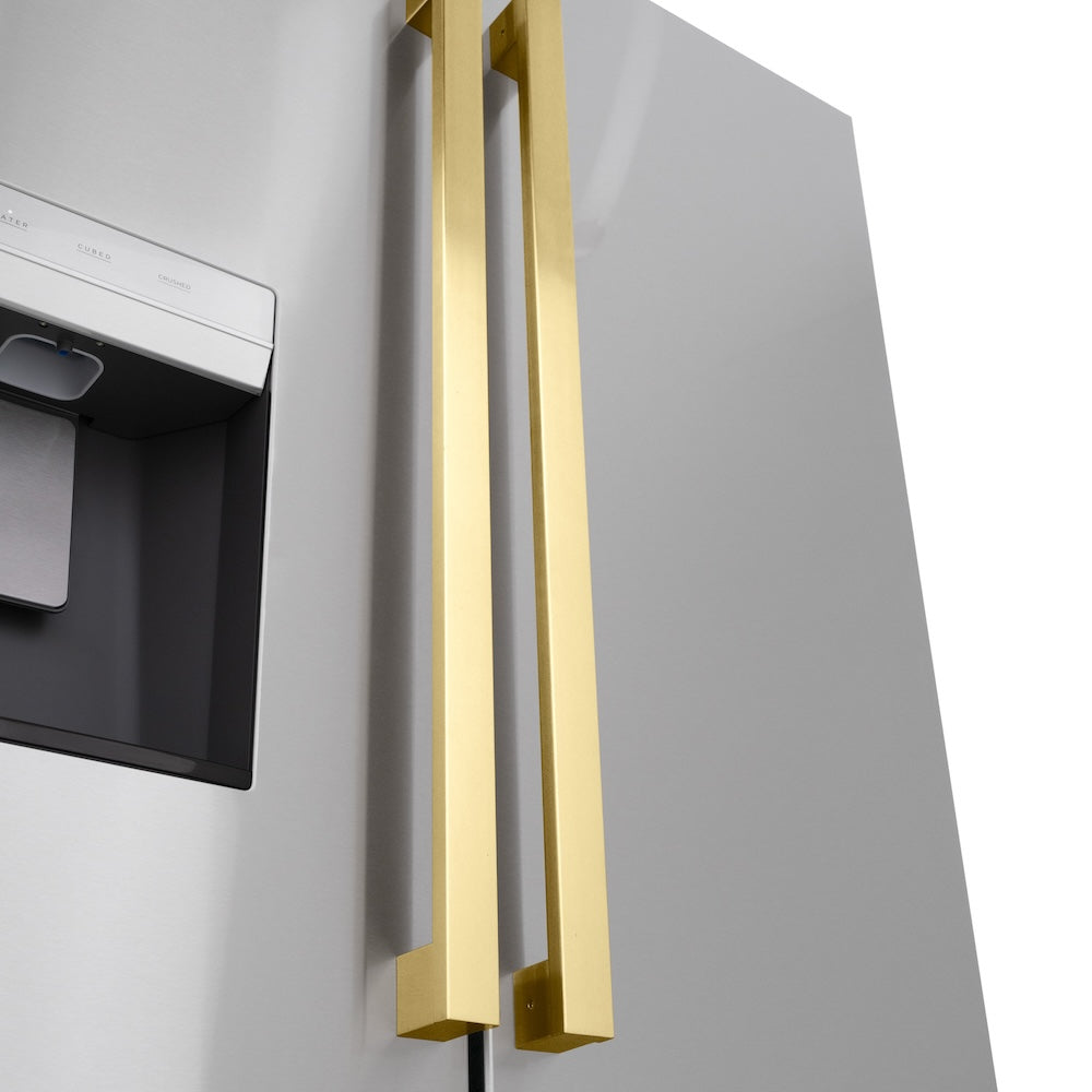 ZLINE Autograph Edition 36 in. 28.9 cu. ft. Standard-Depth French Door External Water Dispenser Refrigerator with Dual Ice Maker in Fingerprint Resistant Stainless Steel and Polished Gold Square Handles (RSMZ-W-36-FG) close-up handles on refrigeration compartment French doors.