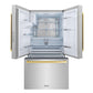 ZLINE Autograph Edition 36 in. 28.9 cu. ft. Standard-Depth French Door External Water Dispenser Refrigerator with Dual Ice Maker in Fingerprint-Resistant Stainless Steel and Polished Gold Modern Handles (RSMZ-W-36-FG) front, bottom freezer drawer and refrigeration compartment open.