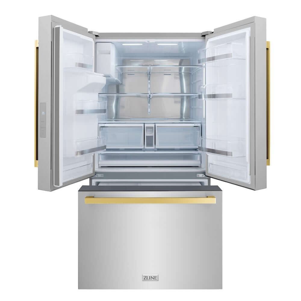 ZLINE Autograph Edition 36 in. 28.9 cu. ft. Standard-Depth French Door External Water Dispenser Refrigerator with Dual Ice Maker in Fingerprint-Resistant Stainless Steel and Polished Gold Modern Handles (RSMZ-W-36-FG) front, bottom freezer drawer and refrigeration compartment open.