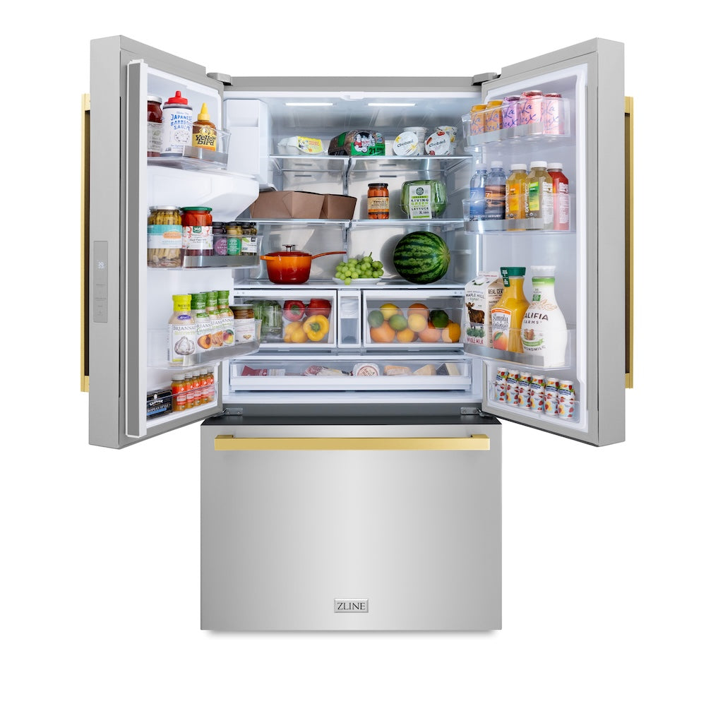 ZLINE Autograph Edition 36 in. 28.9 cu. ft. Standard-Depth French Door External Water Dispenser Refrigerator with Dual Ice Maker in Fingerprint Resistant Stainless Steel and Polished Gold Square Handles (RSMZ-W-36-FG) front, open with food inside refrigeration compartment.