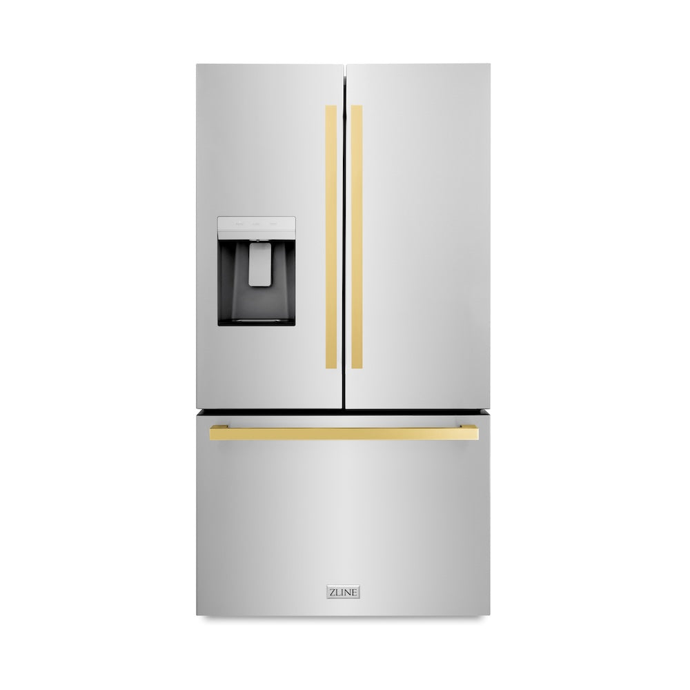 ZLINE Autograph Edition 36 in. 28.9 cu. ft. Standard-Depth French Door External Water Dispenser Refrigerator with Dual Ice Maker in Fingerprint Resistant Stainless Steel and Polished Gold Square Handles (RSMZ-W-36-FG) front, closed.