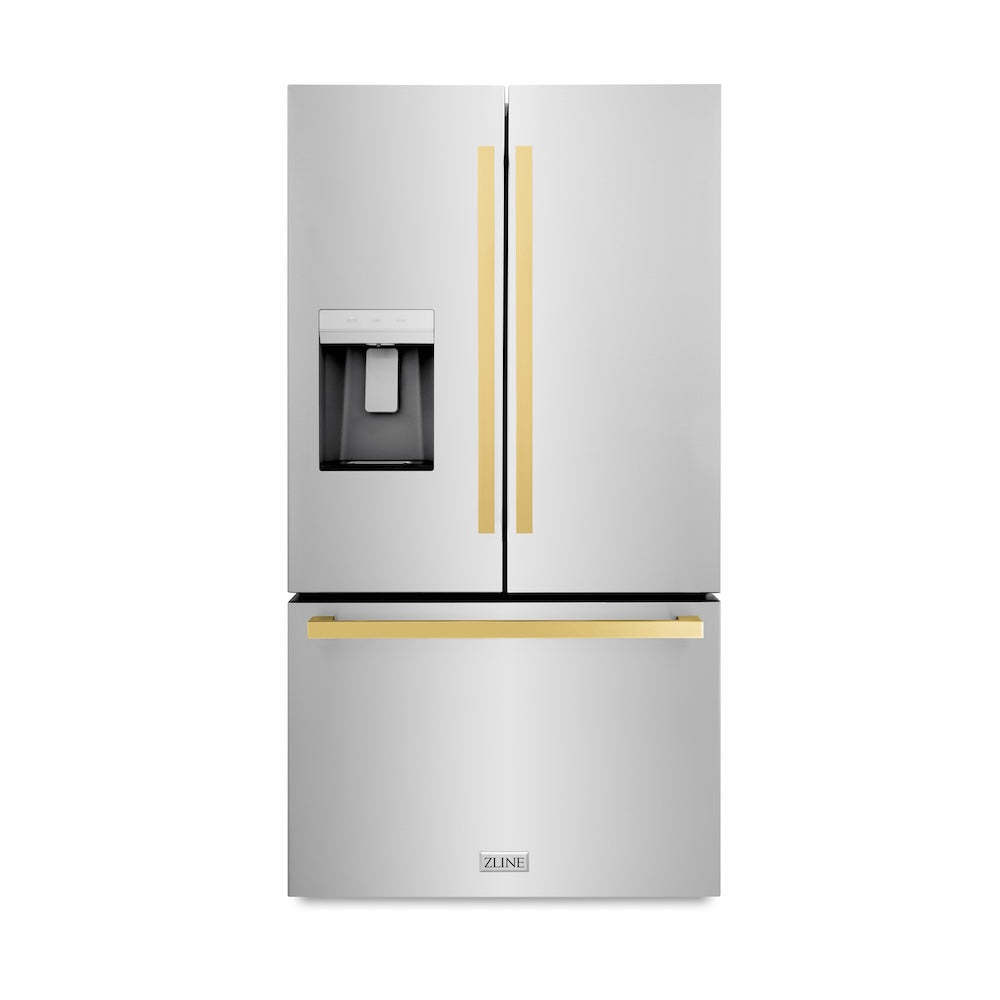 ZLINE Autograph Edition 36 in. 28.9 cu. ft. Standard-Depth French Door External Water Dispenser Refrigerator with Dual Ice Maker in Fingerprint Resistant Stainless Steel and Polished Gold Square Handles (RSMZ-W-36-FG)
