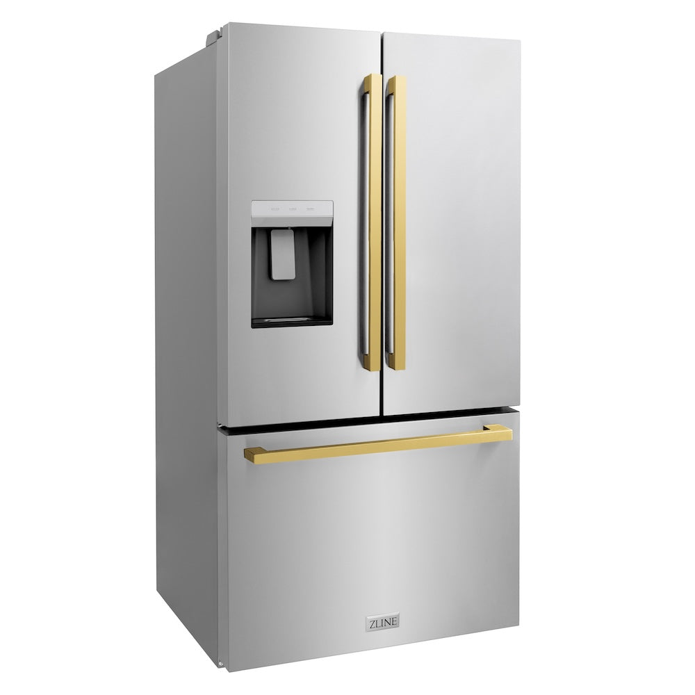 ZLINE Autograph Edition 36 in. 28.9 cu. ft. Standard-Depth French Door External Water Dispenser Refrigerator with Dual Ice Maker in Fingerprint Resistant Stainless Steel and Polished Gold Square Handles (RSMZ-W-36-FG) side, closed.