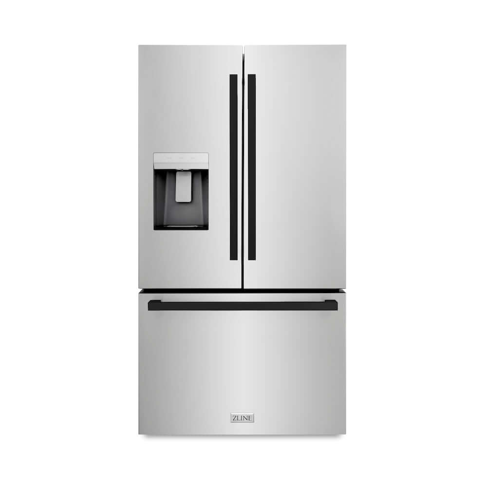 ZLINE Autograph Edition 36 in. 28.9 cu. ft. Standard-Depth French Door External Water Dispenser Refrigerator with Dual Ice Maker in Fingerprint-Resistant Stainless Steel and Matte Black Modern Handles (RSMZ-W-36-FMB) main image.