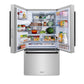 ZLINE Autograph Edition 36 in. 28.9 cu. ft. Standard-Depth French Door External Water Dispenser Refrigerator with Dual Ice Maker in Fingerprint-Resistant Stainless Steel and Matte Black Modern Handles (RSMZ-W-36-FMB) front, open, with food inside.