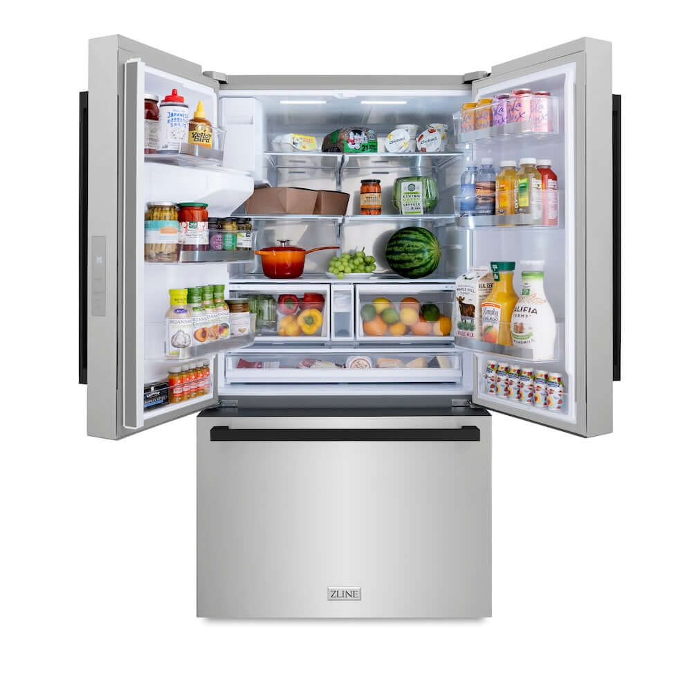 ZLINE Autograph Edition 36 in. 28.9 cu. ft. Standard-Depth French Door External Water Dispenser Refrigerator with Dual Ice Maker in Fingerprint-Resistant Stainless Steel and Matte Black Modern Handles (RSMZ-W-36-FMB) front, open, with food inside.